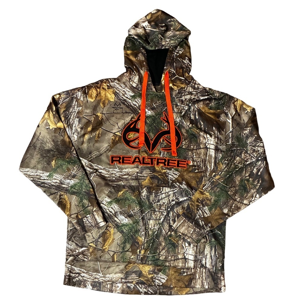 Realtree Camo Hoodie Mens M Orange Antler Logo Pullover Hunting